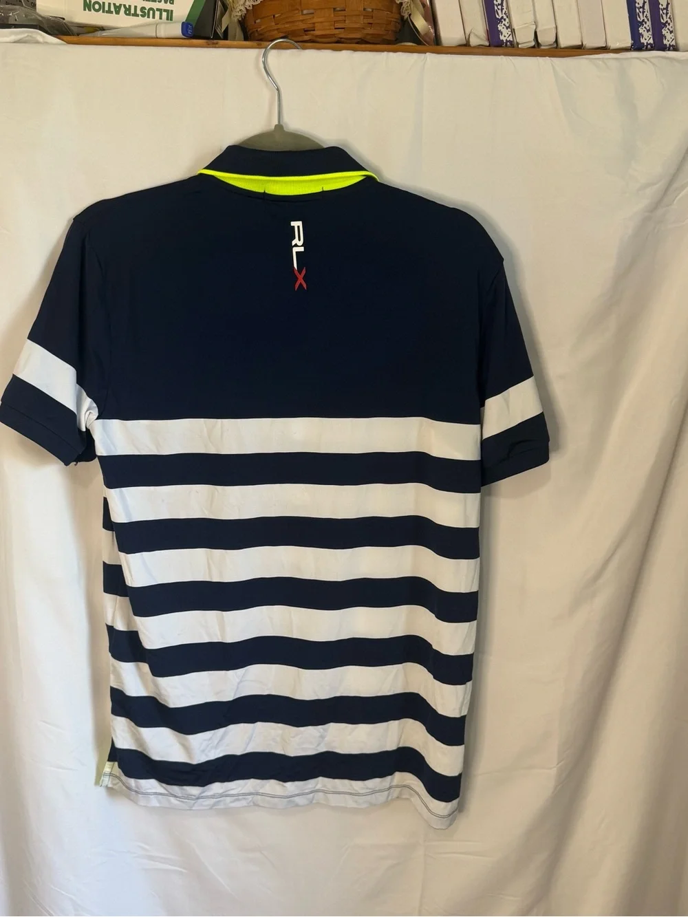 Ralph Lauren RLX Navy, White & Neon-Trim Striped Polo Size M
